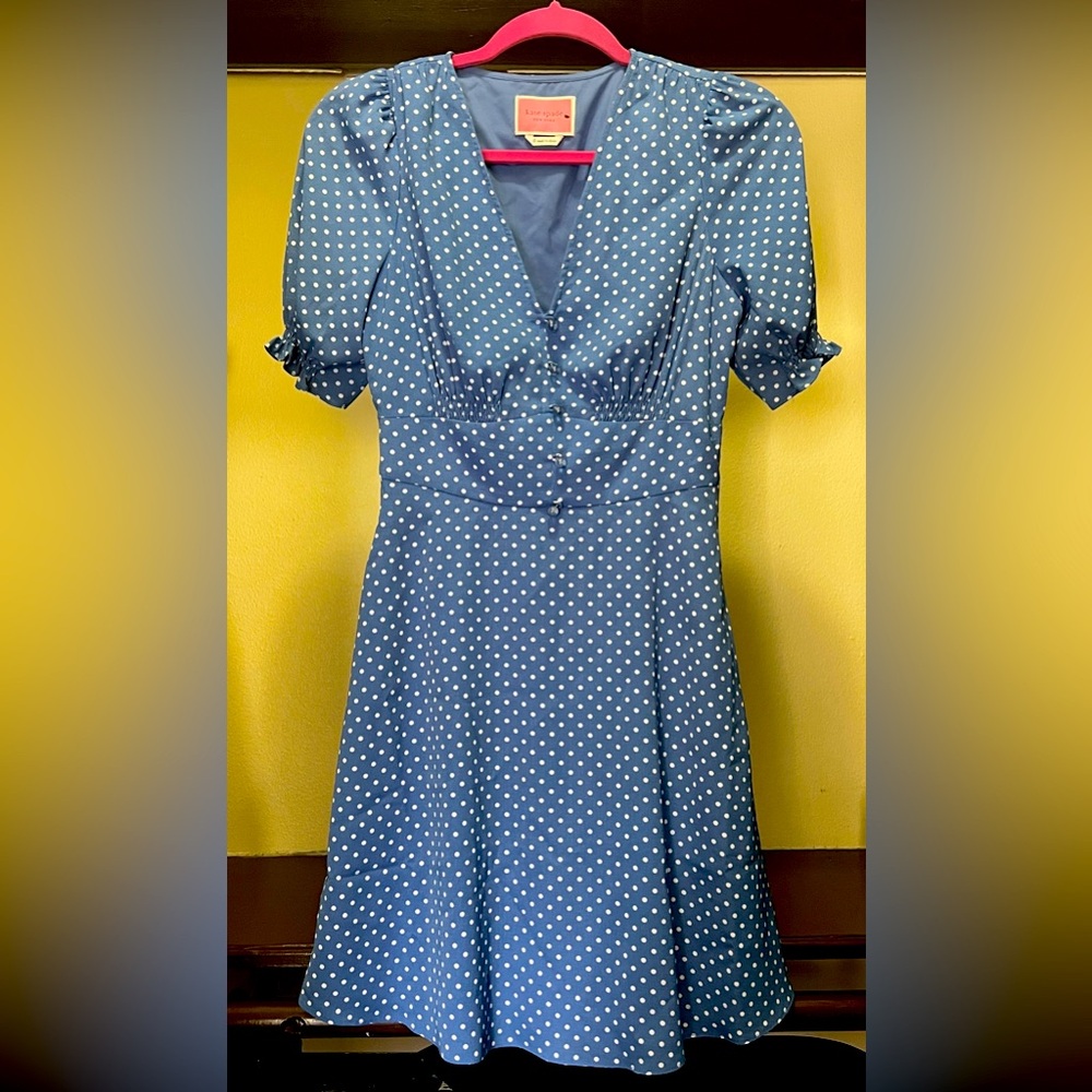 New Kate Spade Cornflower Blue Crepe Tea Garden Dot Dress with Pockets!, Size 0